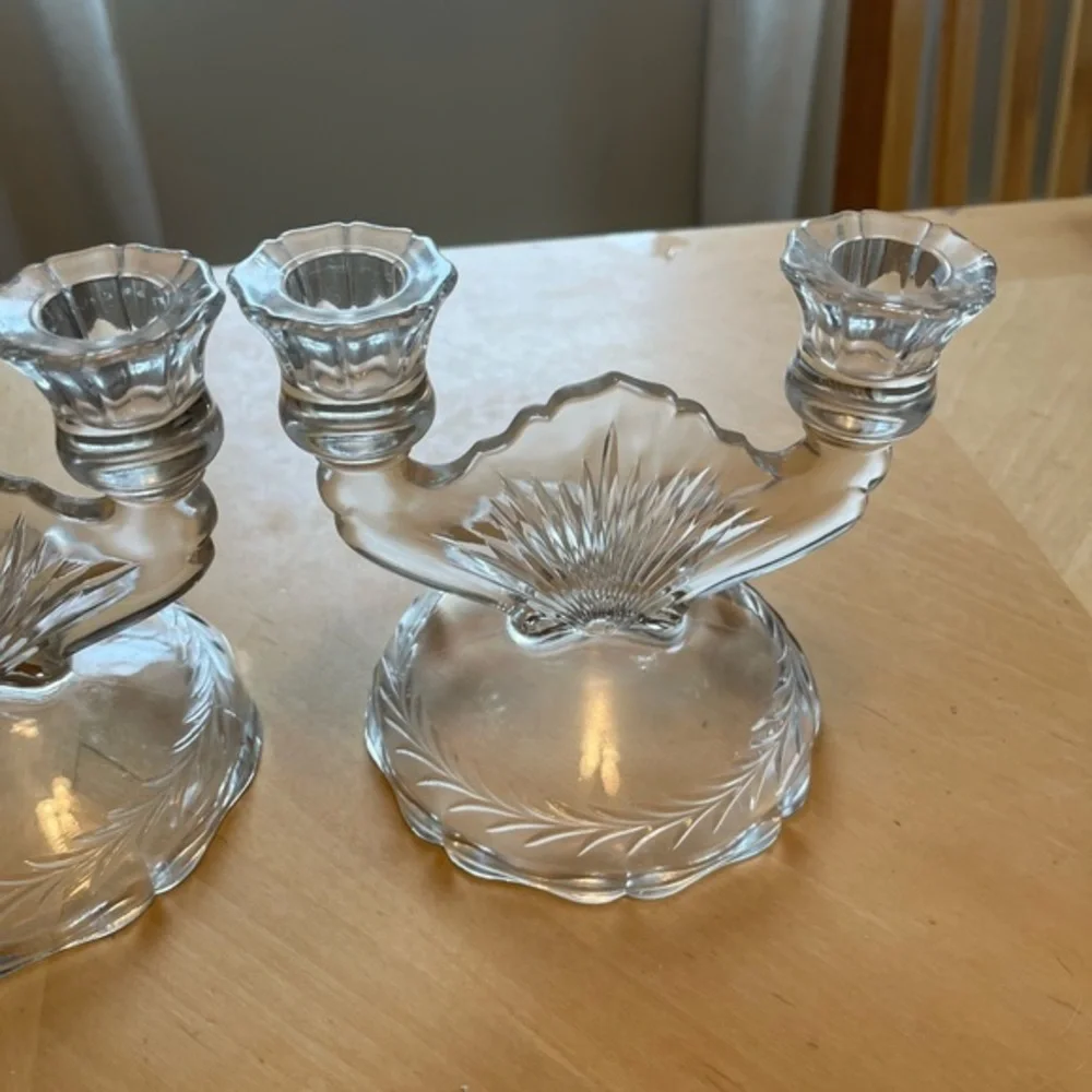 Vintage Clear Jeanette Glass Double Candlestick Sunburst Herringbone Set of Two